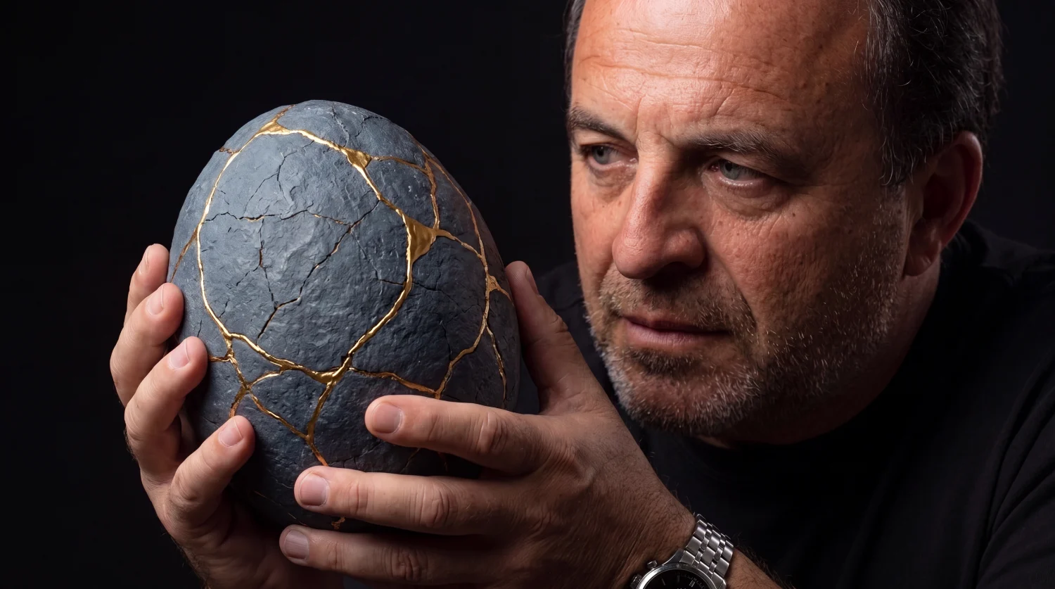 Alex Mez holding a cut geode, its gold crystal facing the camera.